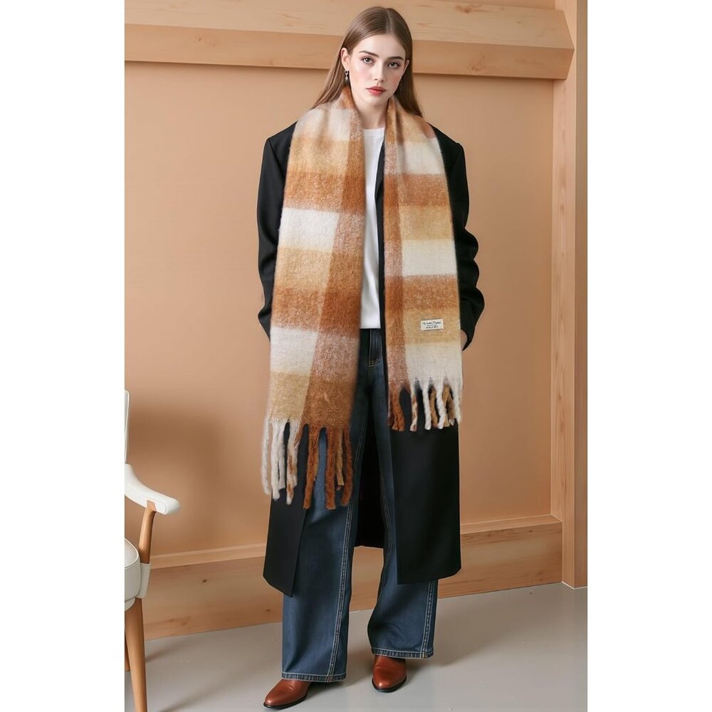 Women's Red Brown Vintage Chunky Feel Blanket Pashmina Winter Warm Wrap Scarfs - Picture 7 of 8